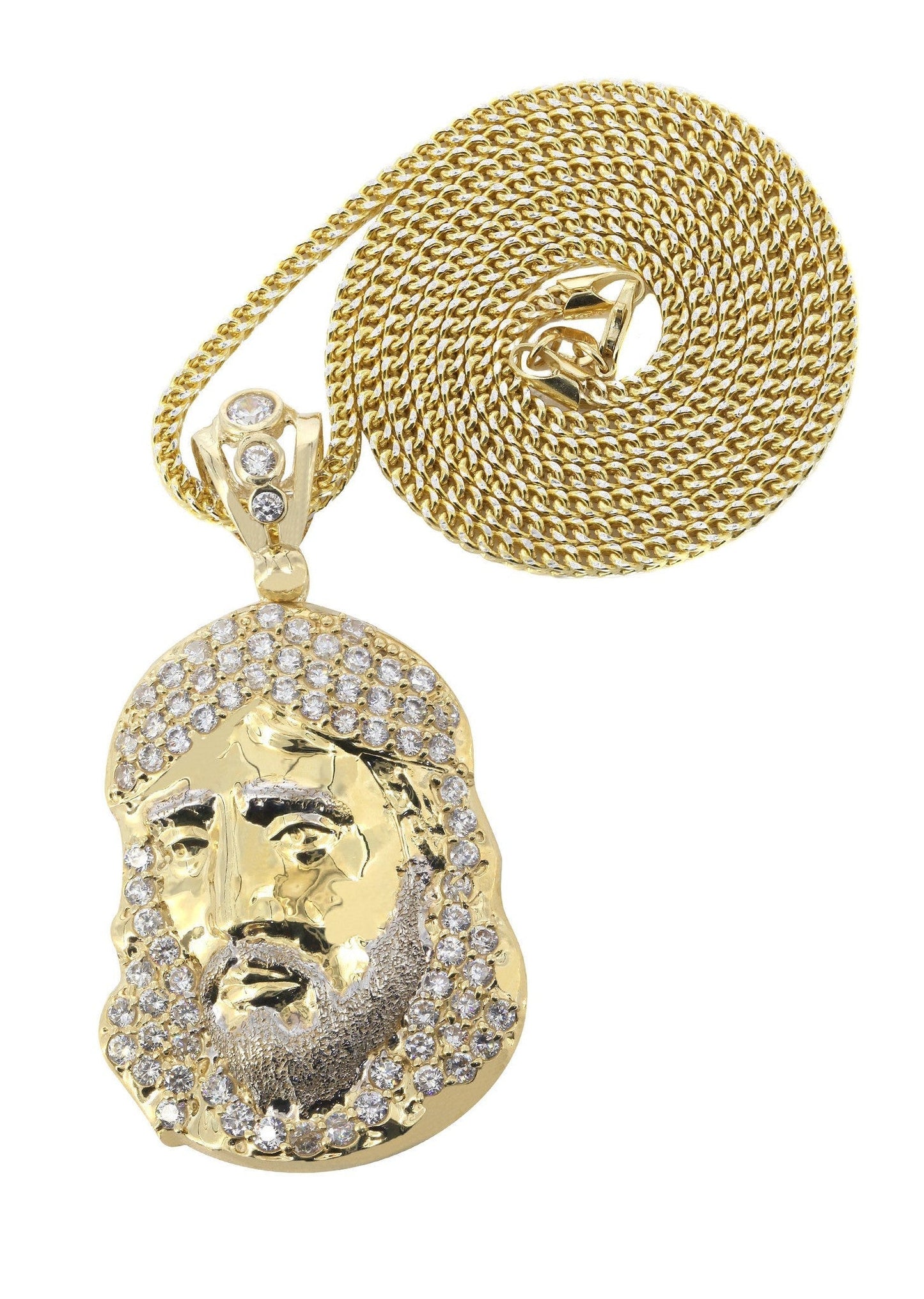 10K Yellow Gold Franco Chain & Cz Jesus Piece Necklace