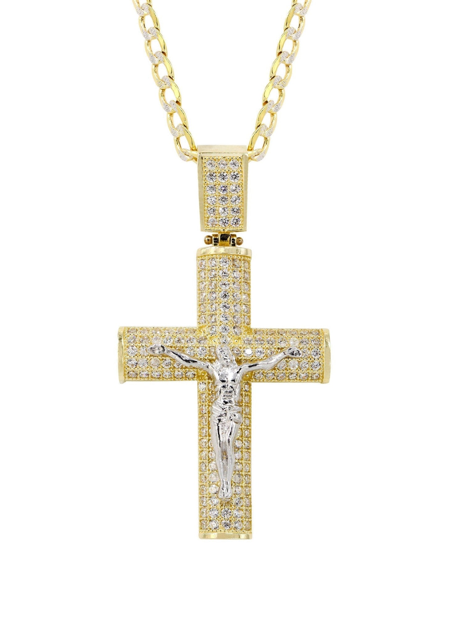 10K Yellow Gold Pave Cuban Chain & Cz Gold Cross Necklace