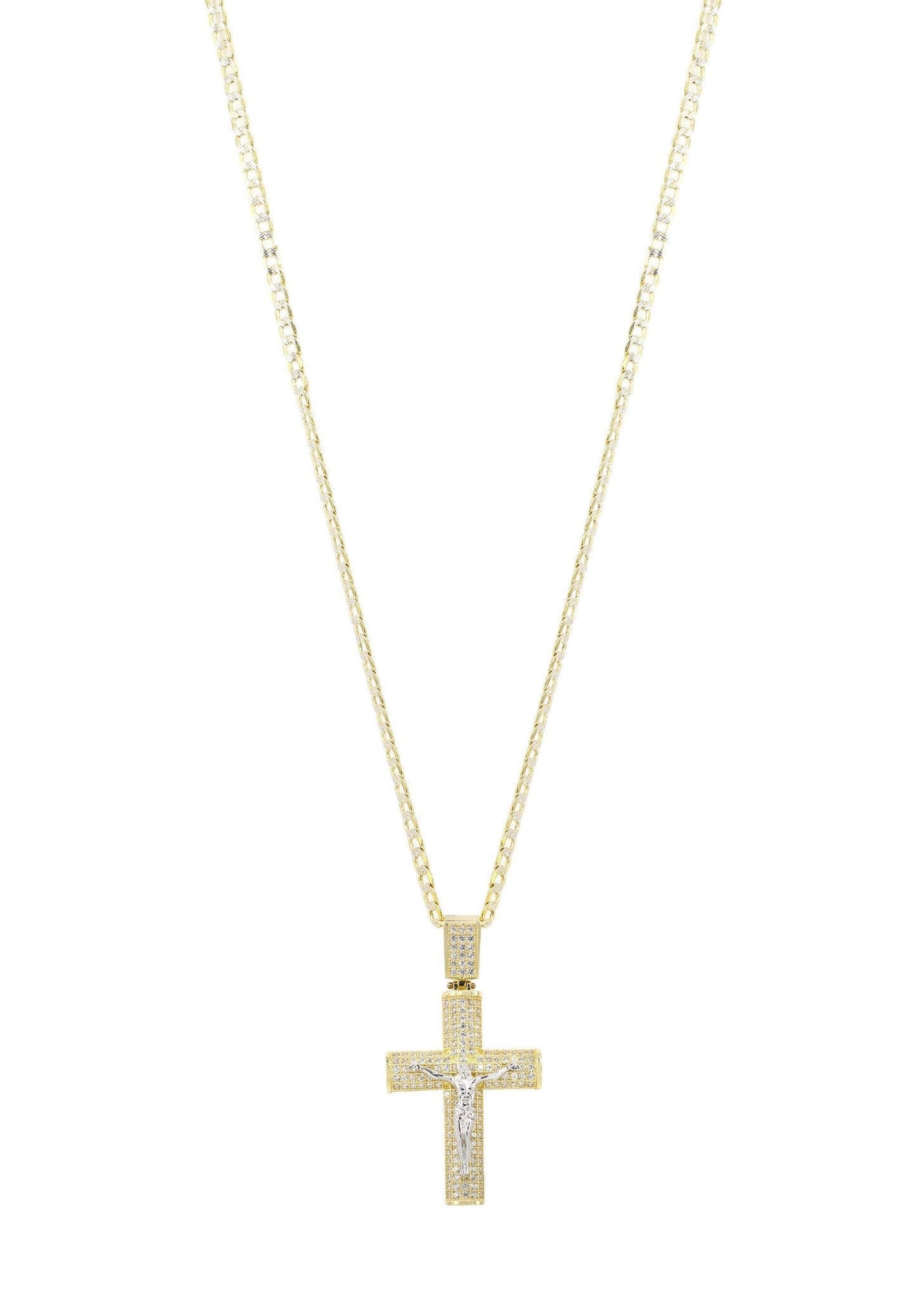 10K Yellow Gold Pave Cuban Chain & Cz Gold Cross Necklace