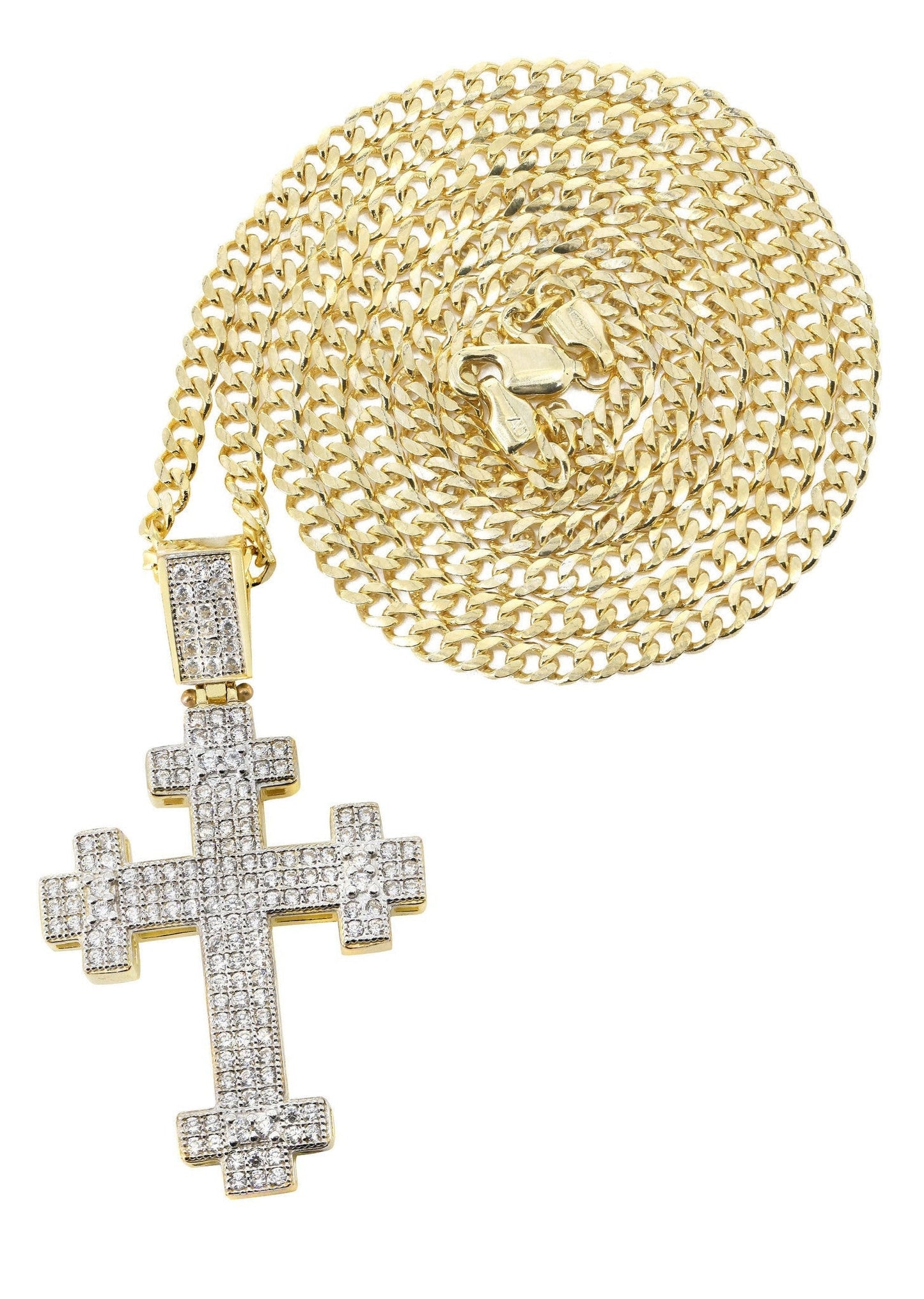 10K Yellow Gold Cuban Chain & Cz Gold Cross Necklace