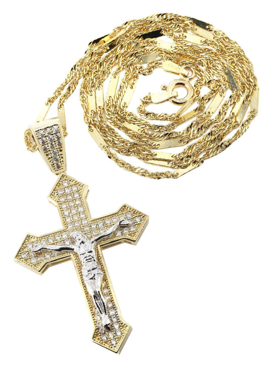 10K Yellow Gold Fancy Link Chain & Cz Gold Cross Necklace