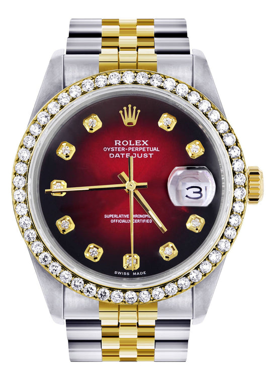 Gold Rolex Datejust Watch 16233 for Men | 36Mm | Red Dial | Jubilee Band