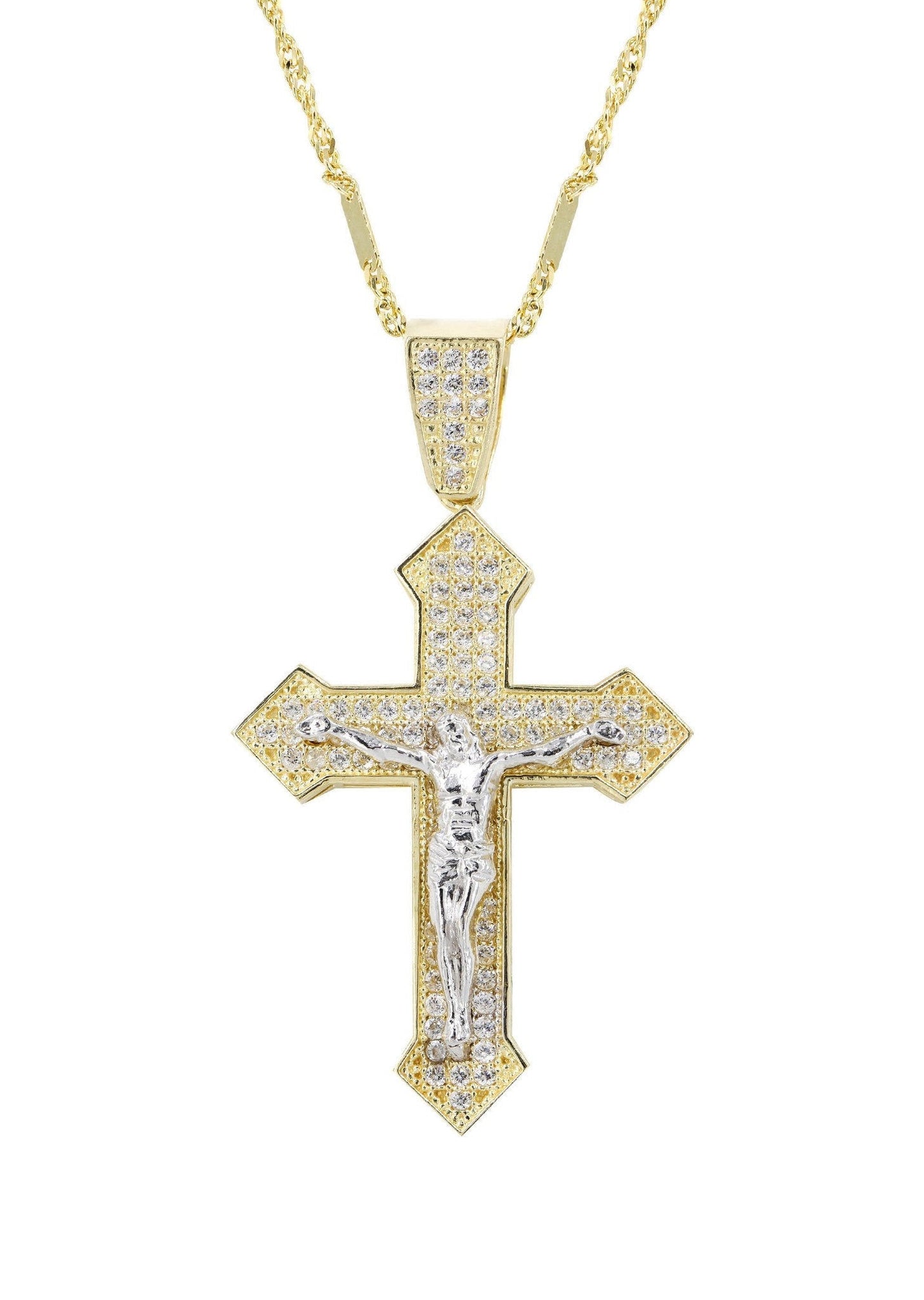 10K Yellow Gold Fancy Link Chain & Cz Gold Cross Necklace